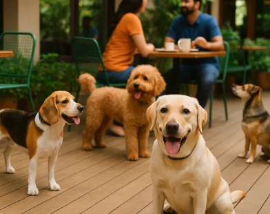 best pet friendly restaurants in Bangalore you must visit. This image is showing dogs in a pet friendly cafe.